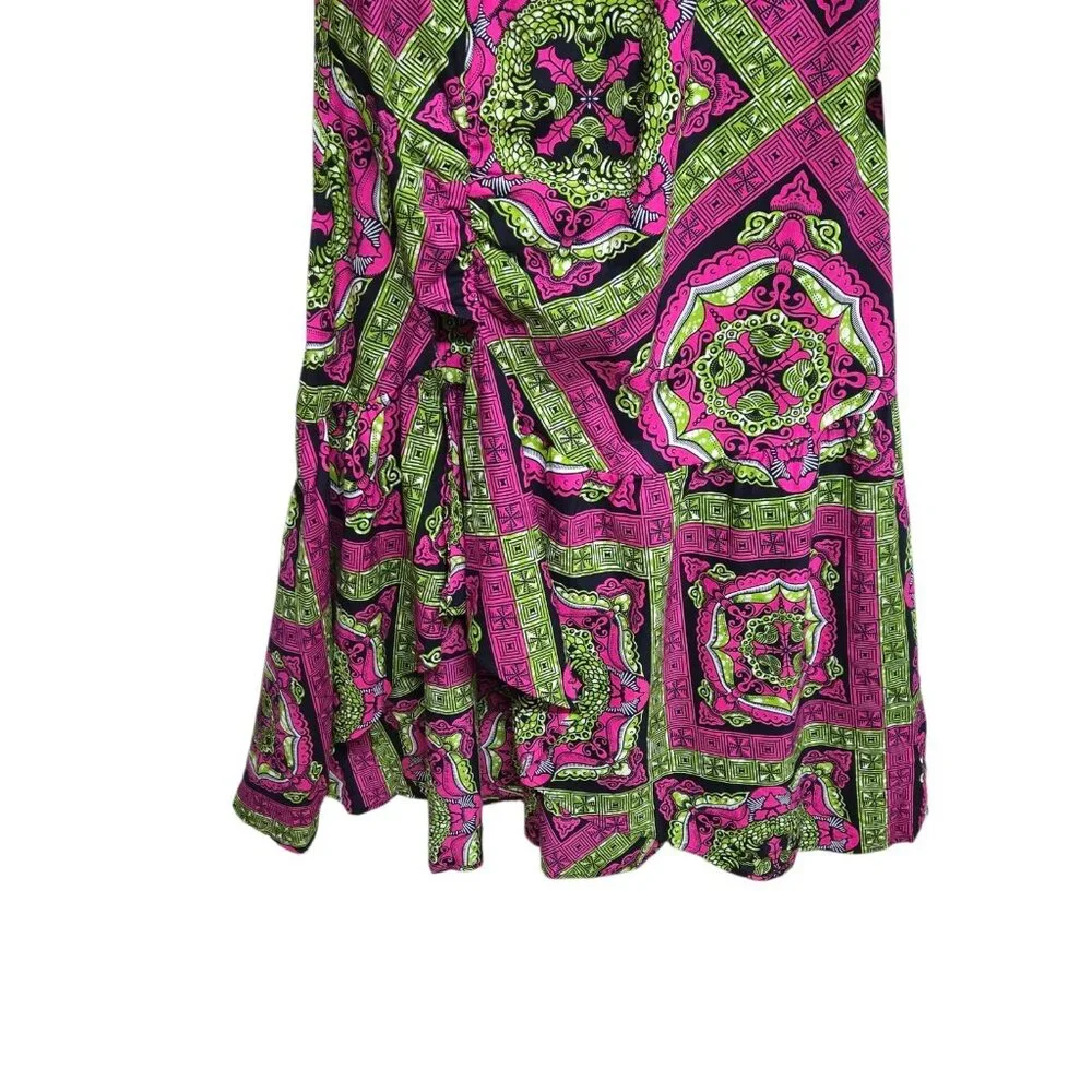 OFUURE Womens Large Pink Green African Print Colorful Maxi Dress Bell Sleeve - Picture 3 of 7